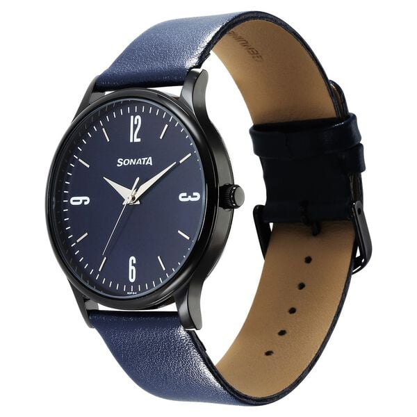 Sonata 77105NL11W Aspire Quartz Analog Blue Dial Leather Strap Men’s Watch