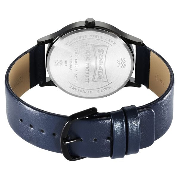 Sonata 77105NL11W Aspire Quartz Analog Blue Dial Leather Strap Men’s Watch