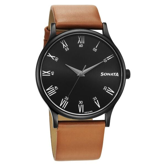 Sonata 77105NL13W Men's Black Dial Brown Leather Analog Quartz Watch