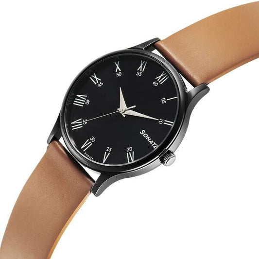 Sonata 77105NL13W Men's Black Dial Brown Leather Analog Quartz Watch