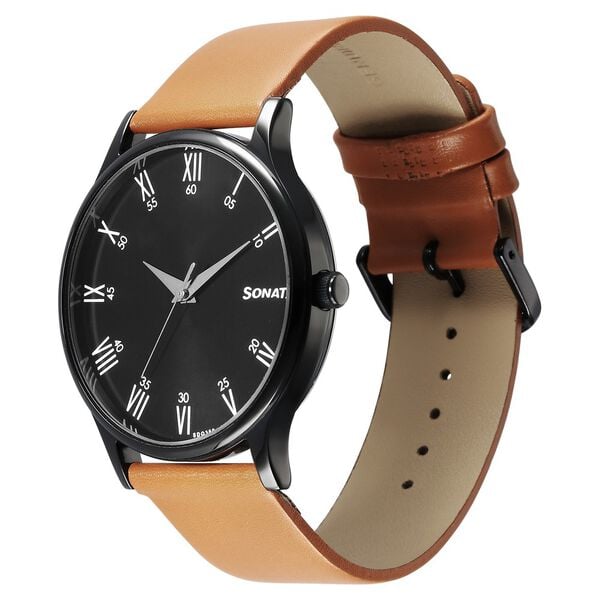 Sonata 77105NL13W Men's Black Dial Brown Leather Analog Quartz Watch