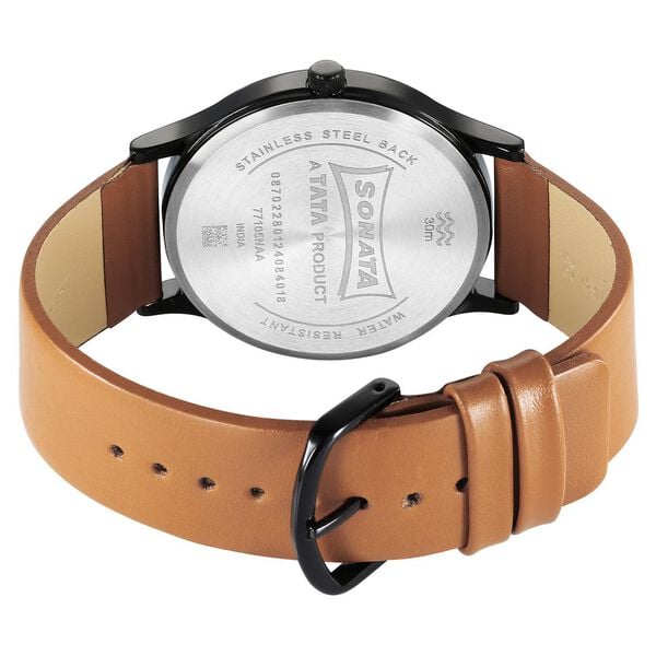 Sonata 77105NL13W Men's Black Dial Brown Leather Analog Quartz Watch
