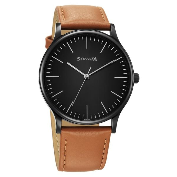 Sonata 77105NL15W Men Aspire Quartz Black Dial Brown Leather Strap Watch