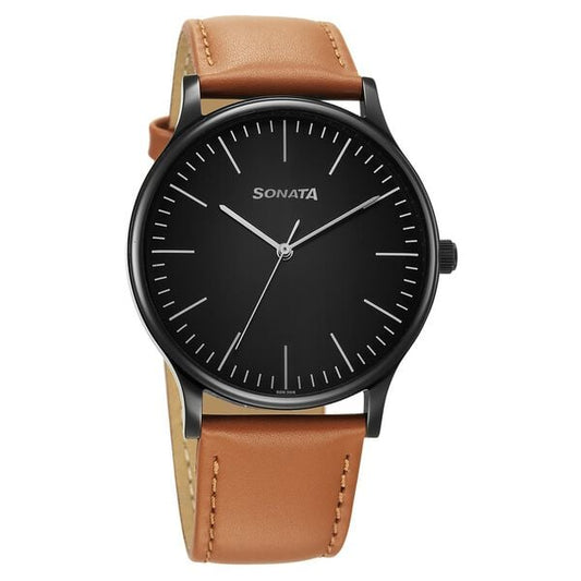 Sonata 77105NL15W Men Aspire Quartz Black Dial Brown Leather Strap Watch