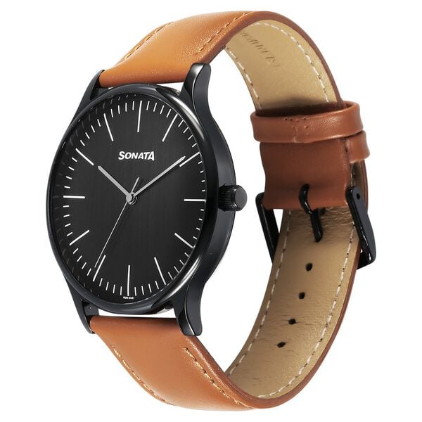 Sonata 77105NL15W Men Aspire Quartz Black Dial Brown Leather Strap Watch