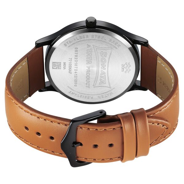 Sonata 77105NL15W Men Aspire Quartz Black Dial Brown Leather Strap Watch