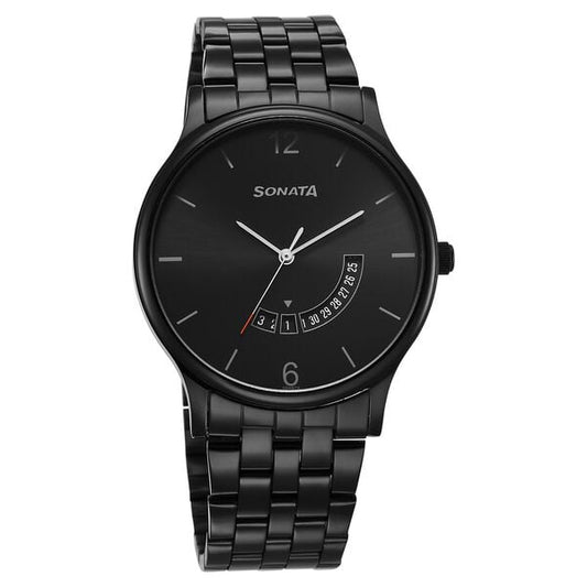 Sonata 77105NM01 Quartz Analog Black Dial Stainless Steel Strap Watch for Men