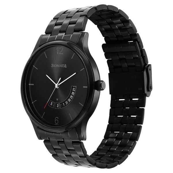 Sonata 77105NM01 Men Quartz Black Dial Stainless Steel Date Watch