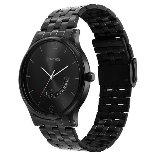 Sonata 77105NM01 Quartz Analog Black Dial Stainless Steel Strap Watch for Men