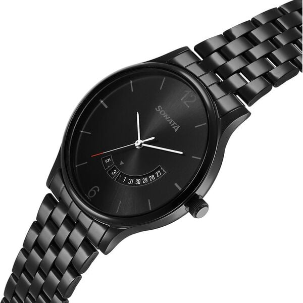 Sonata 77105NM01 Men Quartz Black Dial Stainless Steel Date Watch