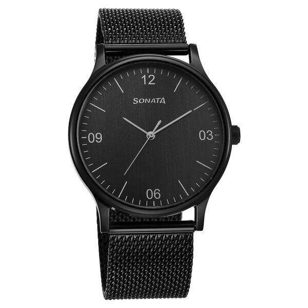 Sonata 77105NM02 Quartz Analog Black Dial Stainless Steel Strap Watch for Men