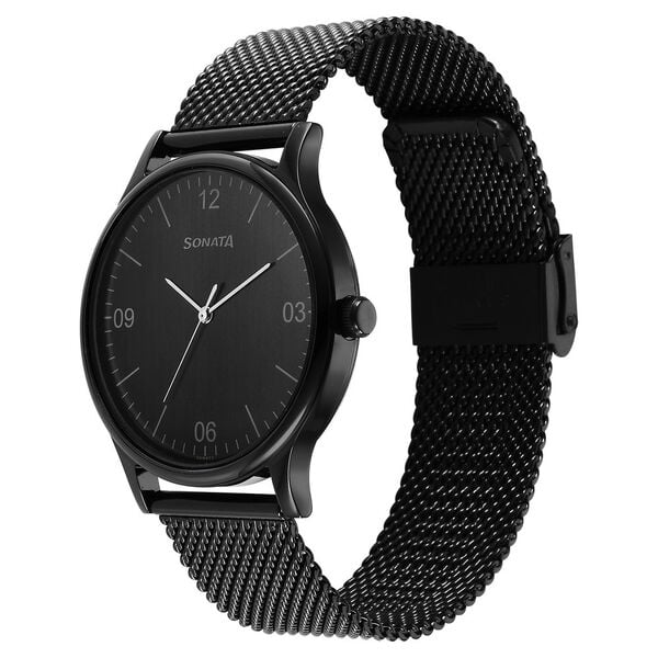 Sonata 77105NM02 Quartz Analog Black Dial Stainless Steel Strap Watch for Men