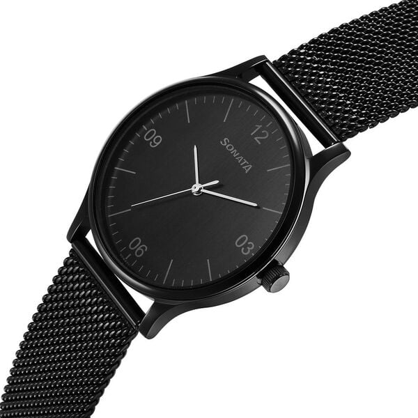 Sonata 77105NM02 Quartz Analog Black Dial Stainless Steel Strap Watch for Men