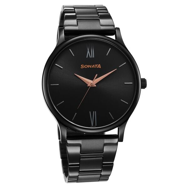 Sonata 77105NM03W Quartz Analog Black Dial Stainless Steel Strap Men’s Watch