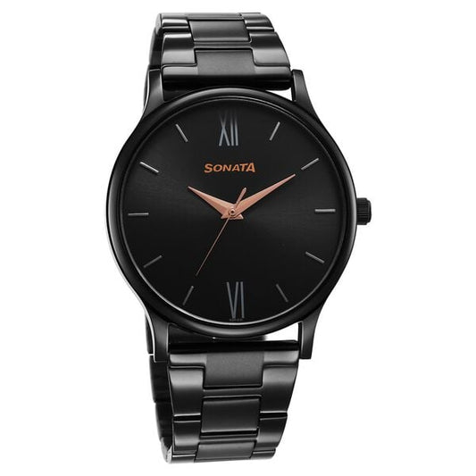 Sonata 77105NM03W Quartz Analog Black Dial Stainless Steel Strap Men’s Watch