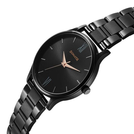 Sonata 77105NM03W Quartz Analog Black Dial Stainless Steel Strap Men’s Watch