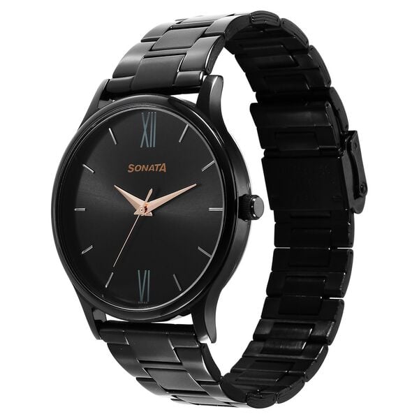 Sonata 77105NM03W Quartz Analog Black Dial Stainless Steel Strap Men’s Watch