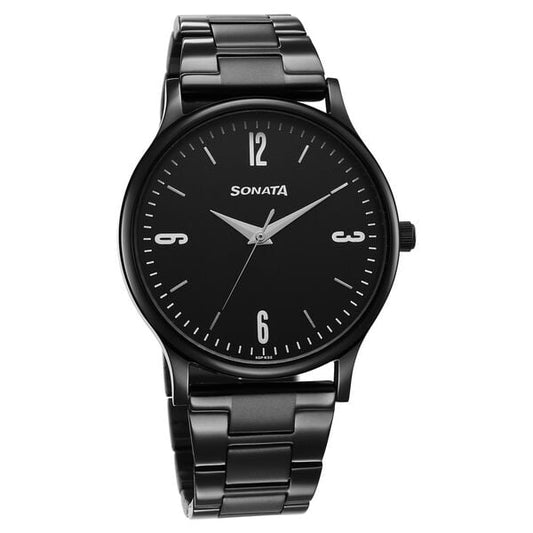 Sonata 77105NM04W Aspire Quartz Analog Black Dial Black Stainless Steel Strap Watch for Men