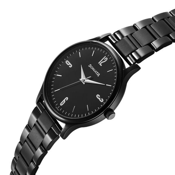 Sonata 77105NM04W Aspire Quartz Analog Black Dial Black Stainless Steel Strap Watch for Men