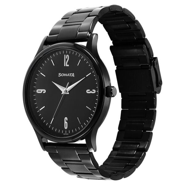 Sonata 77105NM04W Aspire Quartz Analog Black Dial Black Stainless Steel Strap Watch for Men