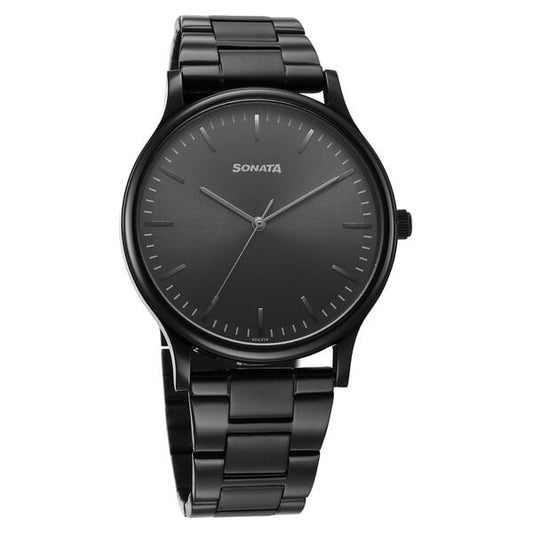 Sonata 77105NM07W Aspire Quartz Analog Black Dial Stainless Steel Strap Watch for Men