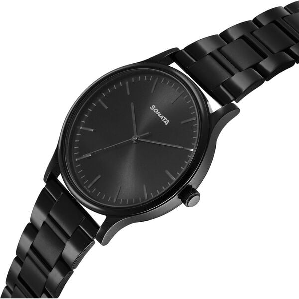 Sonata 77105NM07W Aspire Quartz Analog Black Dial Stainless Steel Strap Watch for Men