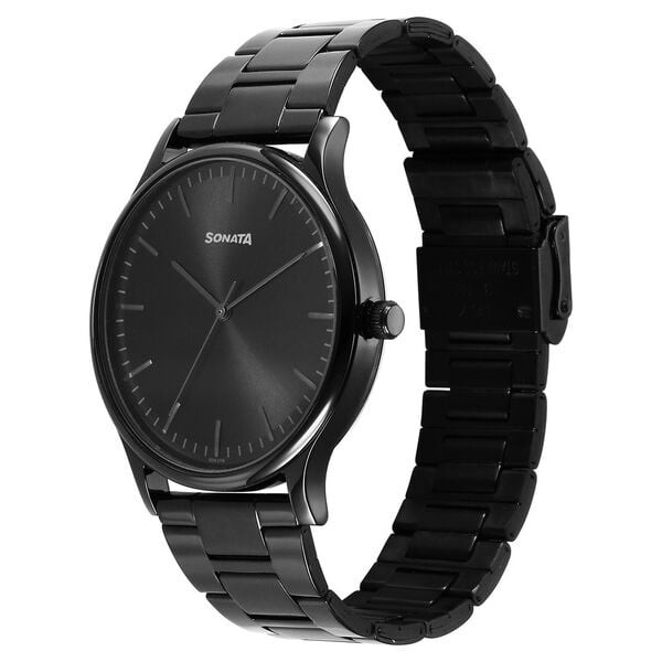 Sonata 77105NM07W Aspire Quartz Analog Black Dial Stainless Steel Strap Watch for Men