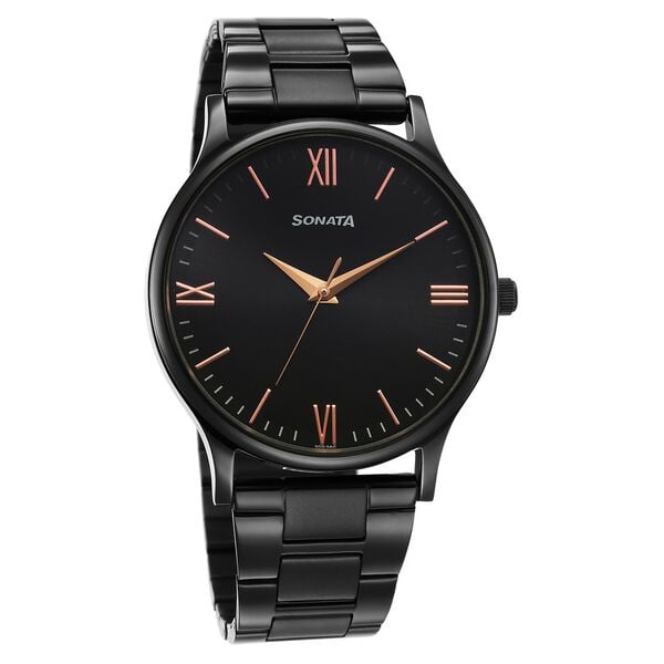 Sonata 77105NM09W Analog Quartz Men Watch with Black Dial & Black Stainless Steel Strap
