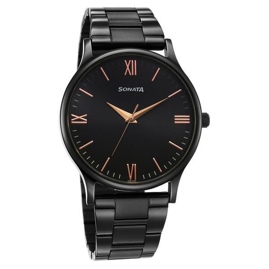 Sonata 77105NM09W Analog Quartz Men Watch with Black Dial & Black Stainless Steel Strap