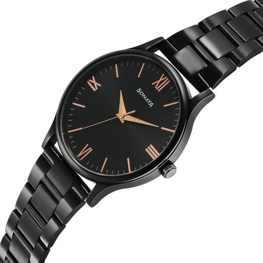 Sonata 77105NM09W Analog Quartz Men Watch with Black Dial & Black Stainless Steel Strap