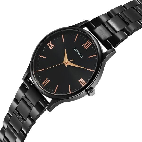 Sonata 77105NM09W Analog Quartz Men Watch with Black Dial & Black Stainless Steel Strap