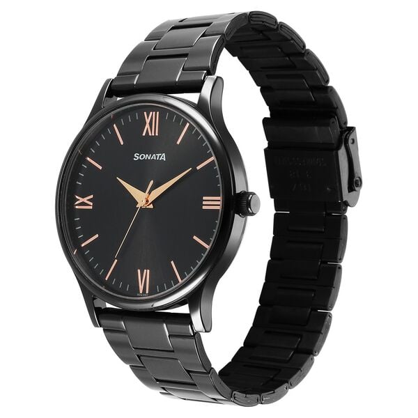 Sonata 77105NM09W Analog Quartz Men Watch with Black Dial & Black Stainless Steel Strap
