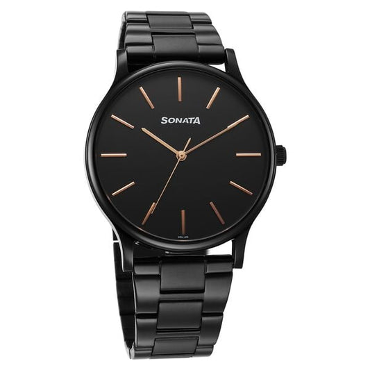 Sonata 77105NM11W Aspire Men’s Quartz Analog Black Dial Stainless Steel Watch