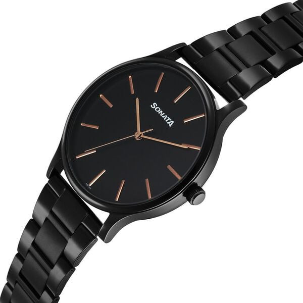 Sonata 77105NM11W Aspire Men’s Quartz Analog Black Dial Stainless Steel Watch