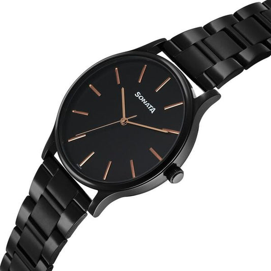 Sonata 77105NM11W Aspire Men’s Quartz Analog Black Dial Stainless Steel Watch