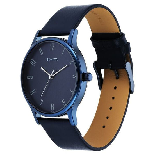 Sonata 77105QL01 Quartz Analog Blue Dial Men’s Watch with Blue Leather Strap
