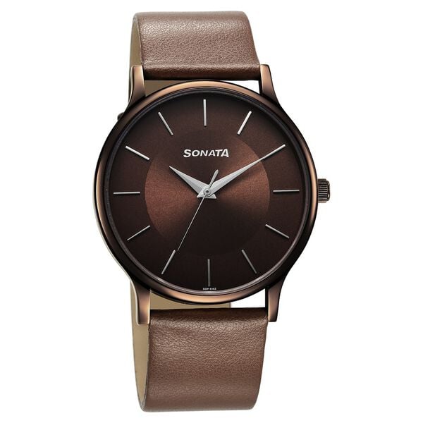 Sonata 77105QL02W Men Aspire Quartz Brown Dial Leather Strap Watch
