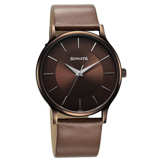 Sonata 77105QL02W Men Aspire Quartz Brown Dial Leather Strap Watch