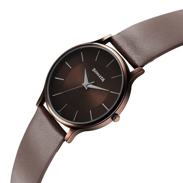 Sonata 77105QL02W Men Aspire Quartz Brown Dial Leather Strap Watch