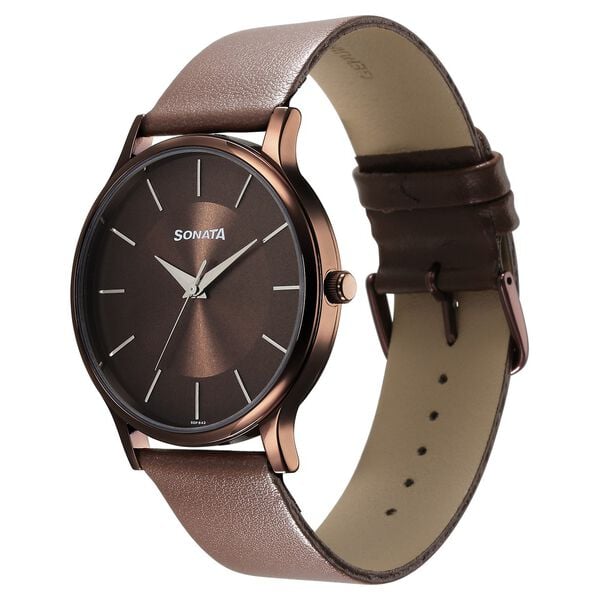 Sonata 77105QL02W Men Aspire Quartz Brown Dial Leather Strap Watch