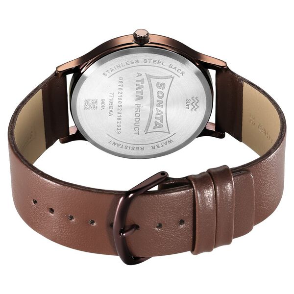 Sonata 77105QL02W Men Aspire Quartz Brown Dial Leather Strap Watch