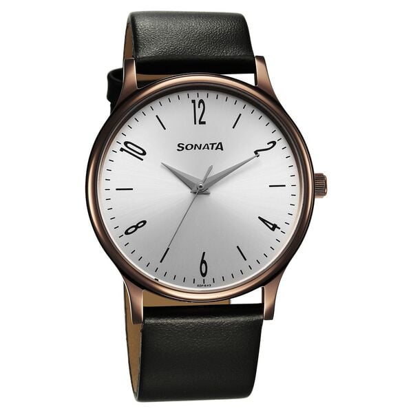 Sonata Aspire 77105QL03W Quartz Analog Silver Dial Black Leather Strap Men’s Watch