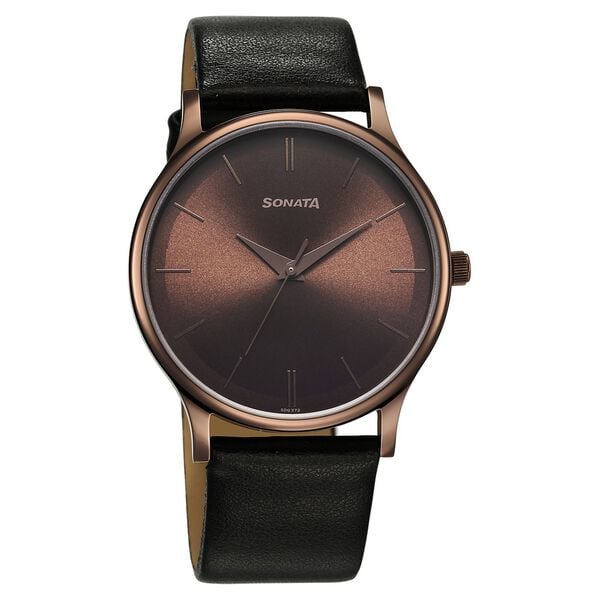 Sonata 77105QL05W Men Aspire Quartz Analog Brown Dial Leather Strap Watch