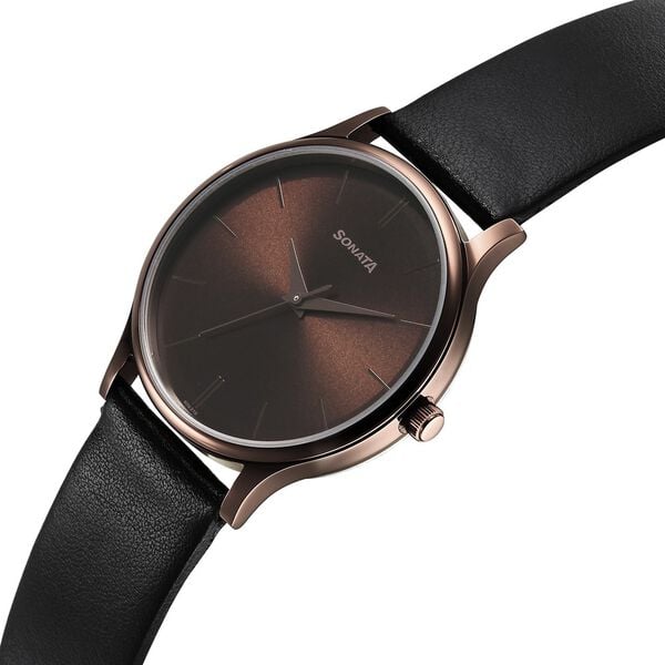 Sonata 77105QL05W Men Aspire Quartz Analog Brown Dial Leather Strap Watch