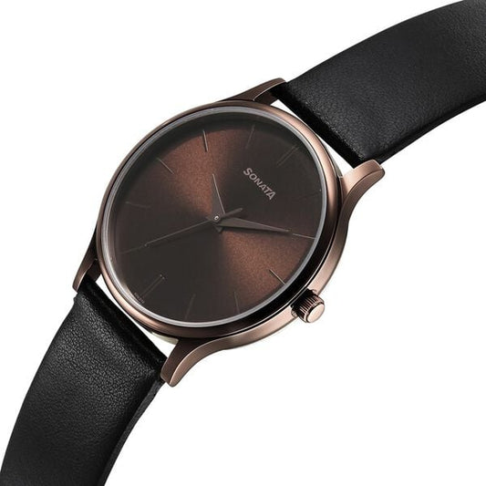 Sonata 77105QL05W Men Aspire Quartz Analog Brown Dial Leather Strap Watch