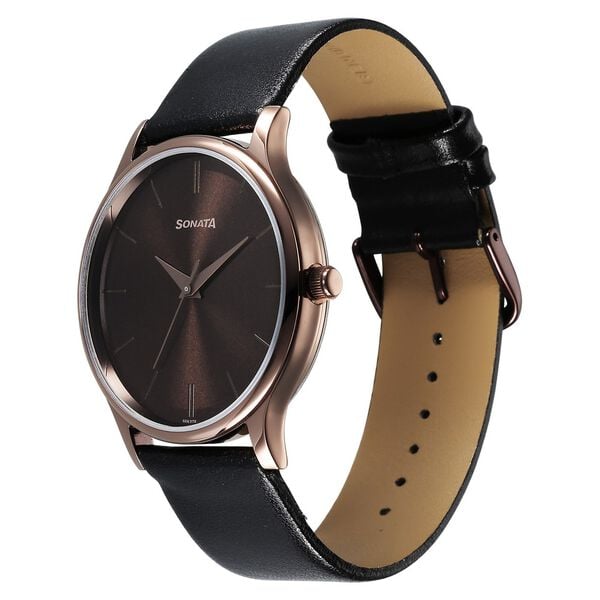 Sonata 77105QL05W Men Aspire Quartz Analog Brown Dial Leather Strap Watch