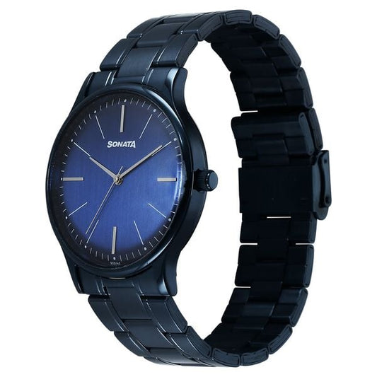 Sonata 77105QM05W Men Aspire Quartz Blue Dial Stainless Steel Strap Watch