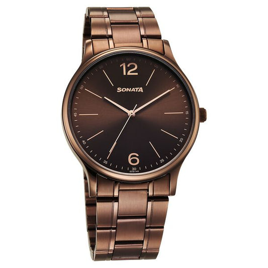 Sonata 77105QM06W Aspire Men’s Quartz Analog Brown Dial Stainless Steel Watch