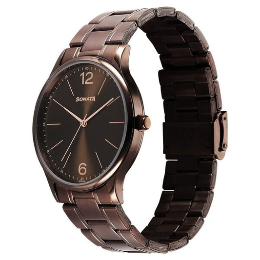 Sonata 77105QM06W Aspire Men’s Quartz Analog Brown Dial Stainless Steel Watch