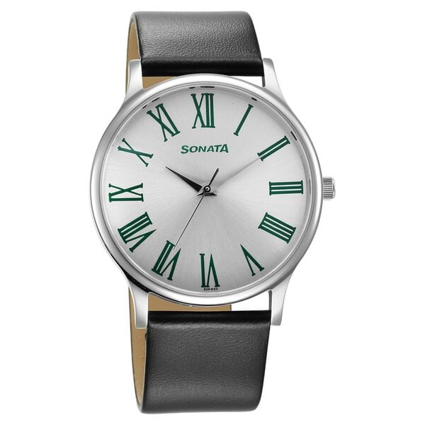 Sonata 77105SL12W Quartz Analog Silver Dial Men’s Watch with Black Leather Strap